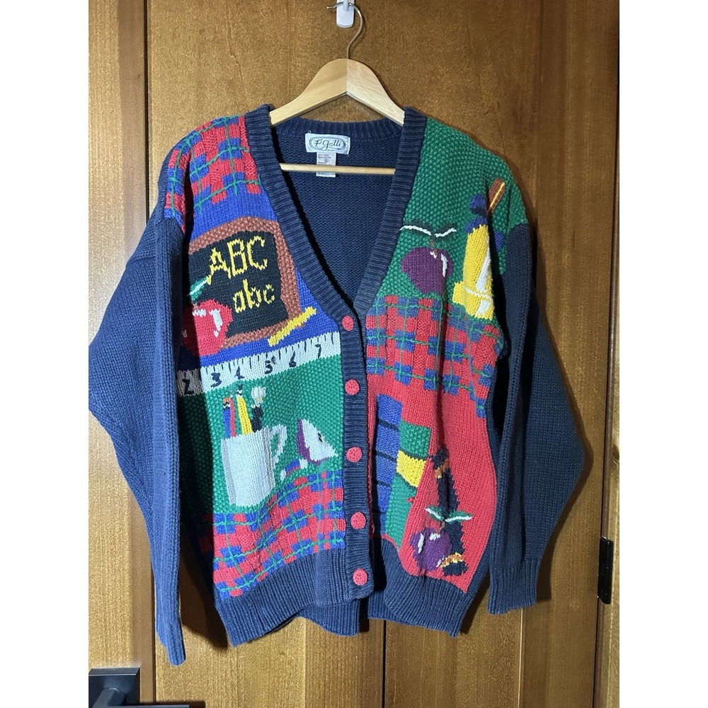 Vintage P'Galli Designs ABC School Apple Teacher Cardigan Sweater XL Ramie